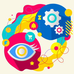 Eye and gears on abstract colorful splashes background with diff