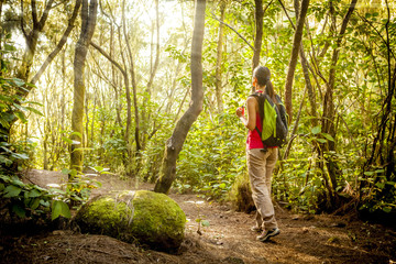 woman hiking in tropical forest