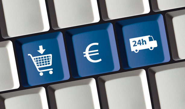 Online Shop Prinzip auf Computer Tastatur - kaufen, bezahlen, liefern