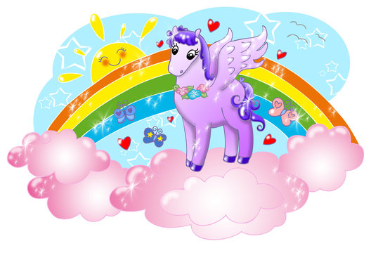 Cute pegasus in the sky with sun and rainbow.