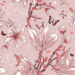 Obraz premium Seamless pattern with magnolia flowers and butterflies