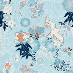 Fototapeta na wymiar Kimono background with crane and flowers