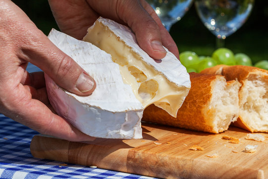 Hands with camembert cheese