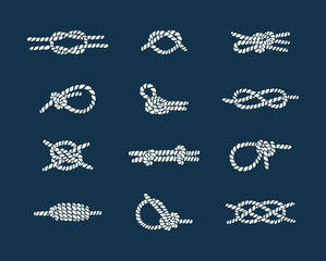 white natical rope knots over blue background - obrazy, fototapety, plakaty