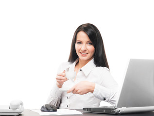 A businesswoman working in an office isolated on white