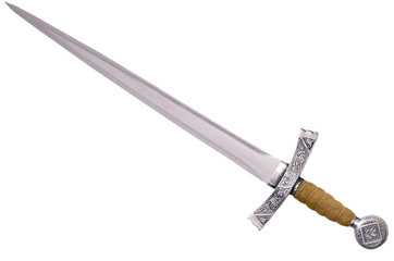 medieval-style sword featuring a sharp steel blade, an ornate hilt, and a decorative pommel. Set against a white background, perfect for historical, fantasy, or collector-focused designs.