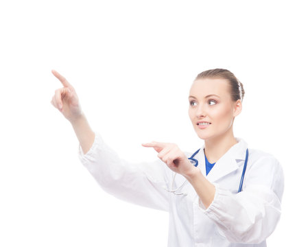 A professional doctor woman pushing an imaginary button