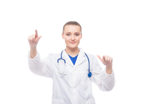 Professional doctor woman pushing an imaginary button