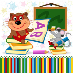 cat mouse in school - vector illustration