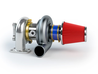 Assembled turbocharger sistem with air filter isolated on white