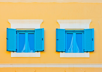 Two beautiful windows from an old house in Kos island in Greece