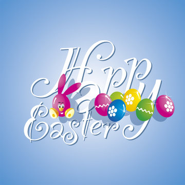 Easter rabbit color eggs blue background