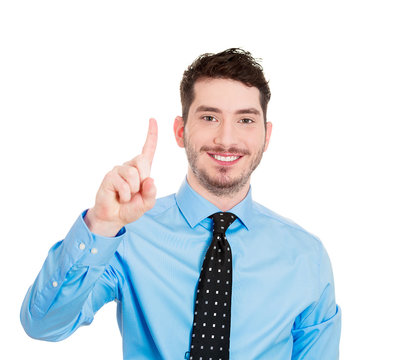 Number one sign, excited business man showing index finger
