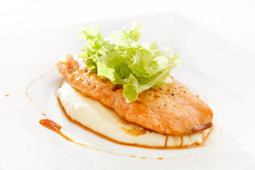 salmon steak with mashed potatoes