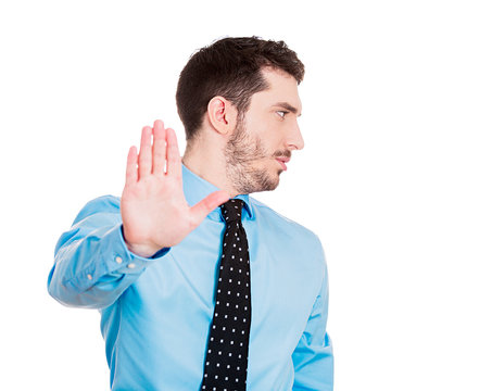 Man giving Talk to the hand gesture, isolated white background 