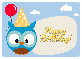 birthday card, little cute owl with hat and red balloon