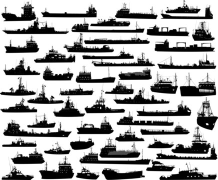 Vector set of 55 silhouettes of sea towboat and the ships