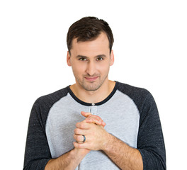 Plotting revenge, scheming man on white background
