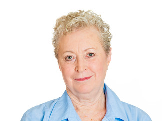 Closeup portrait of happy older woman on white background