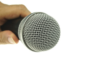 Hand hold black and silver microphone isolated
