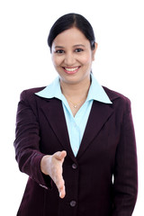 Business woman giving hand shake hand against white