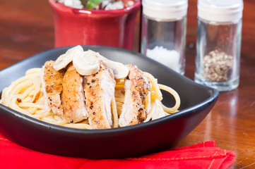 peppered chicken in truffle mushroom cream pasta