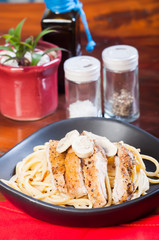 peppered chicken in truffle mushroom cream pasta