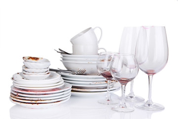 Dirty dishes isolated on white