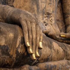 Hand of an ancient Buddha statue in the temple of Sukhothai Hist