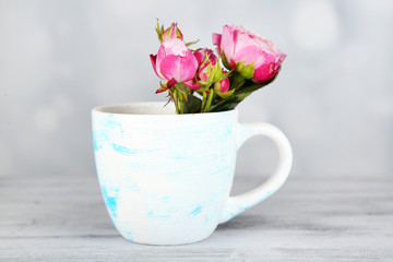 Beautiful roses in cup on light background