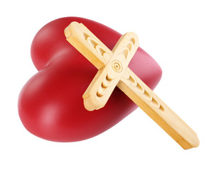 Heart with wooden cross isolated on white