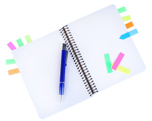 Notebook, pen, and stickers isolated on white
