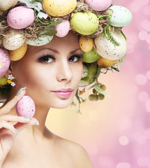 Easter Woman. Spring Girl with Fashion Hairstyle.