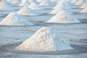 Piles of salt on the surface of the salt lake, Thailand