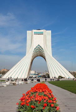 Red Tulips in Front of Azadi Monument in Tehran