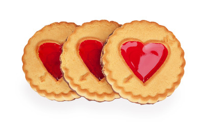 three cookies with a heart of jelly