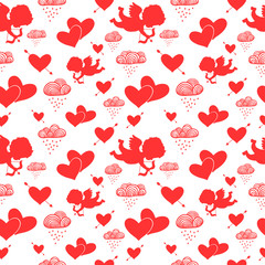 Love cupids hearts arrows and clouds seamless pattern