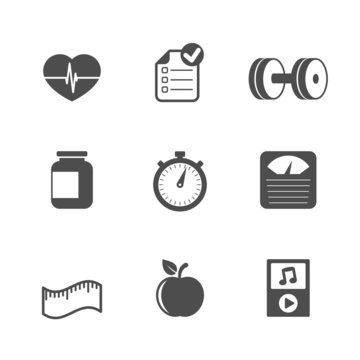 Fitness icons set, contrast flat