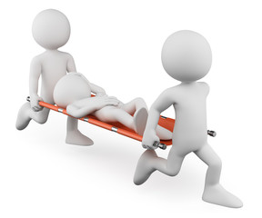 3D white people. Doctors carrying an injured on a stretcher - obrazy, fototapety, plakaty