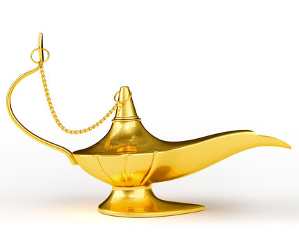 Golden Aladdin magic genie lamp isolated