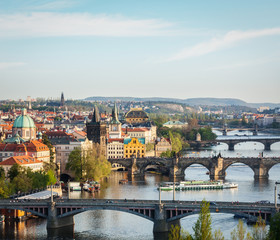 Fototapeta na wymiar Panoramic view of Prague bridges over Vltava river from Letná P