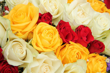 Yellow, white and red roses in a wedding arrangement