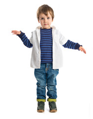 Boys making a victory sign on wooden chair over white background