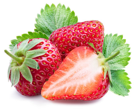 Strawberries with leaves isolated on a white.