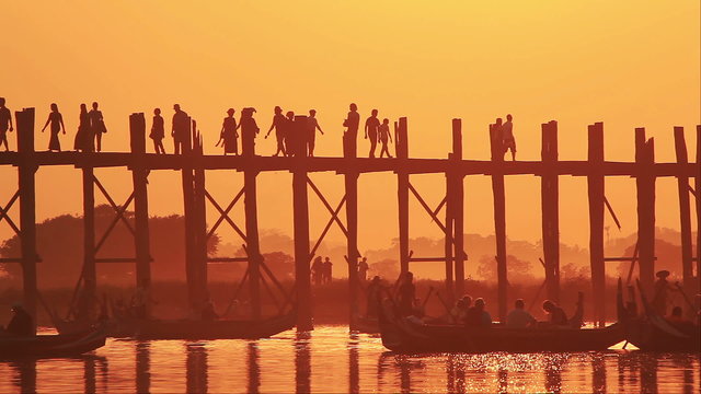 U Bein Bridge at sunset in Amarapura, Myanmar.