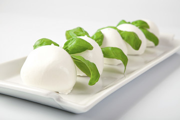 Mozzarella e basilico fresco isolato su bianco