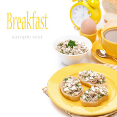 toast with tuna, fresh herbs and homemade cheese for breakfast