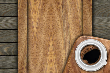 Background made of planks and cup coffee