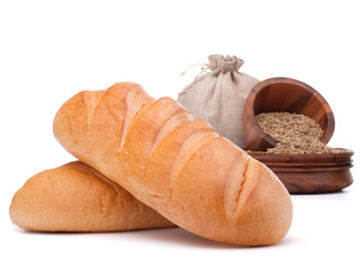 Bread, flour sack and grain isolated on white background cutout