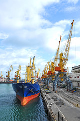 Naklejka premium Bulk cargo ship under port crane bridge, Odessa, Ukraine
